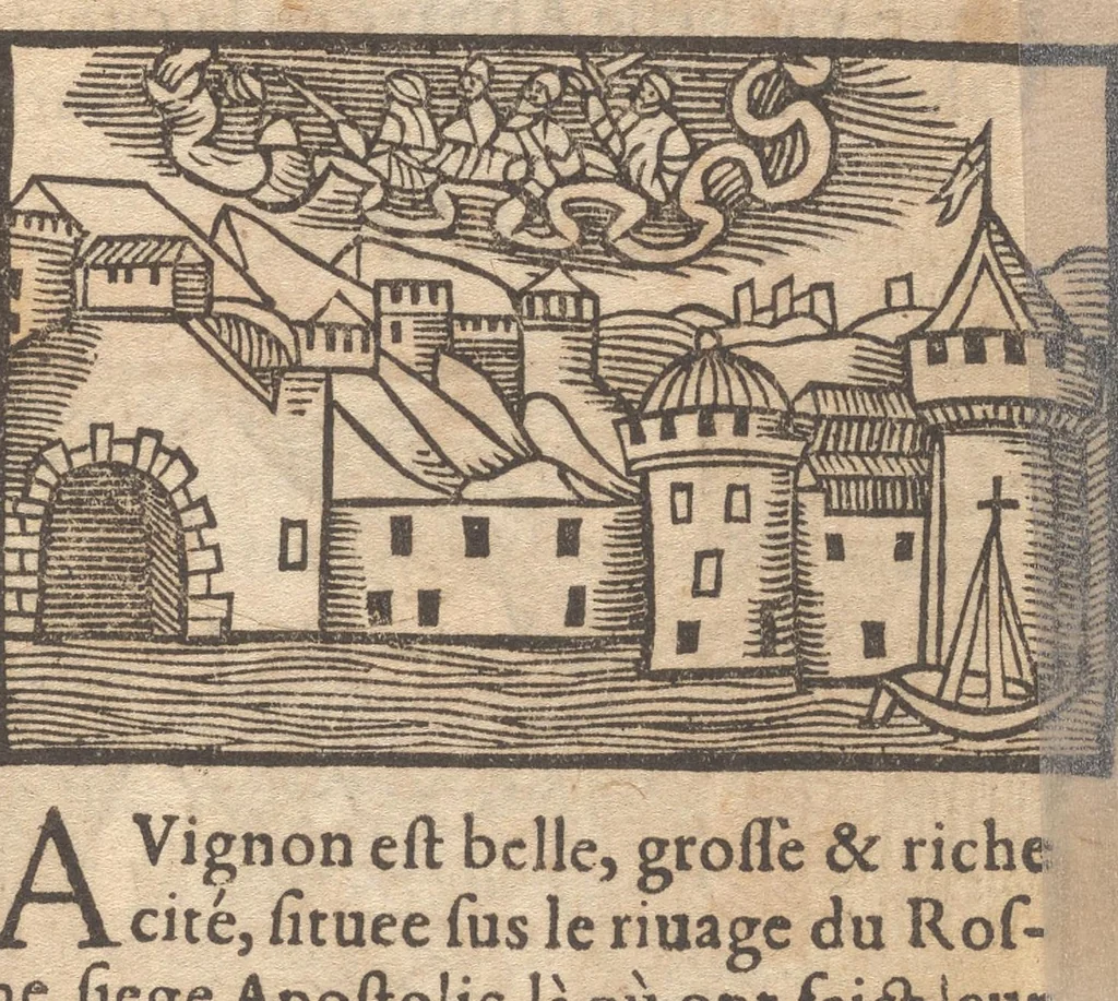 An illustration from Le catalogve des villes et citez assises es trois Gavles : auec le bastiment, erection, & fondation d'icelles : plus vn traicté de la proprieté des bains, fleuues, & fontaines admirables, 1575, leaf 154