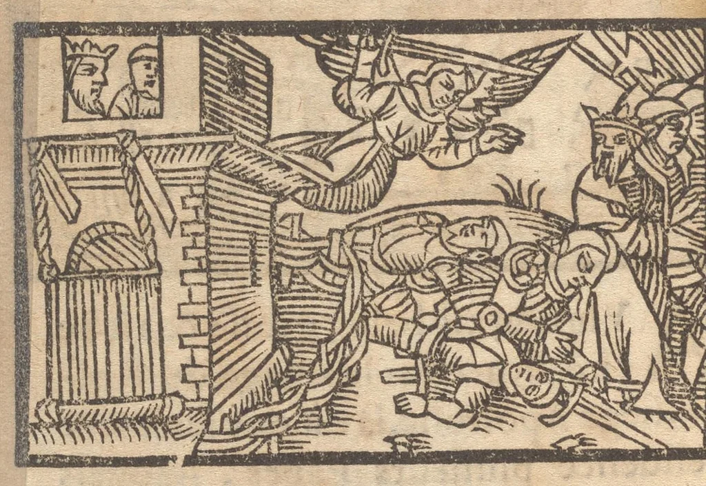 An illustration from Le catalogve des villes et citez assises es trois Gavles : auec le bastiment, erection, & fondation d'icelles : plus vn traicté de la proprieté des bains, fleuues, & fontaines admirables, 1575, leaf 155
