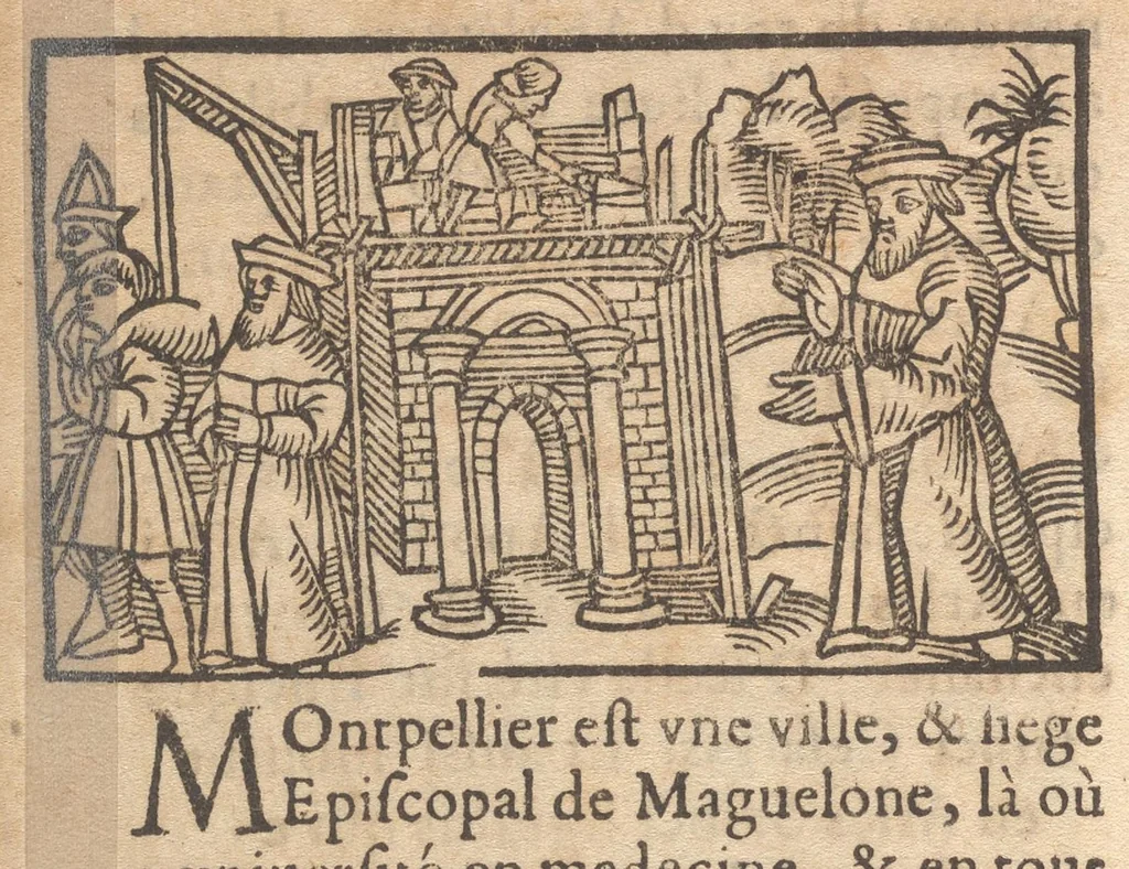 An illustration from Le catalogve des villes et citez assises es trois Gavles : auec le bastiment, erection, & fondation d'icelles : plus vn traicté de la proprieté des bains, fleuues, & fontaines admirables, 1575, leaf 157