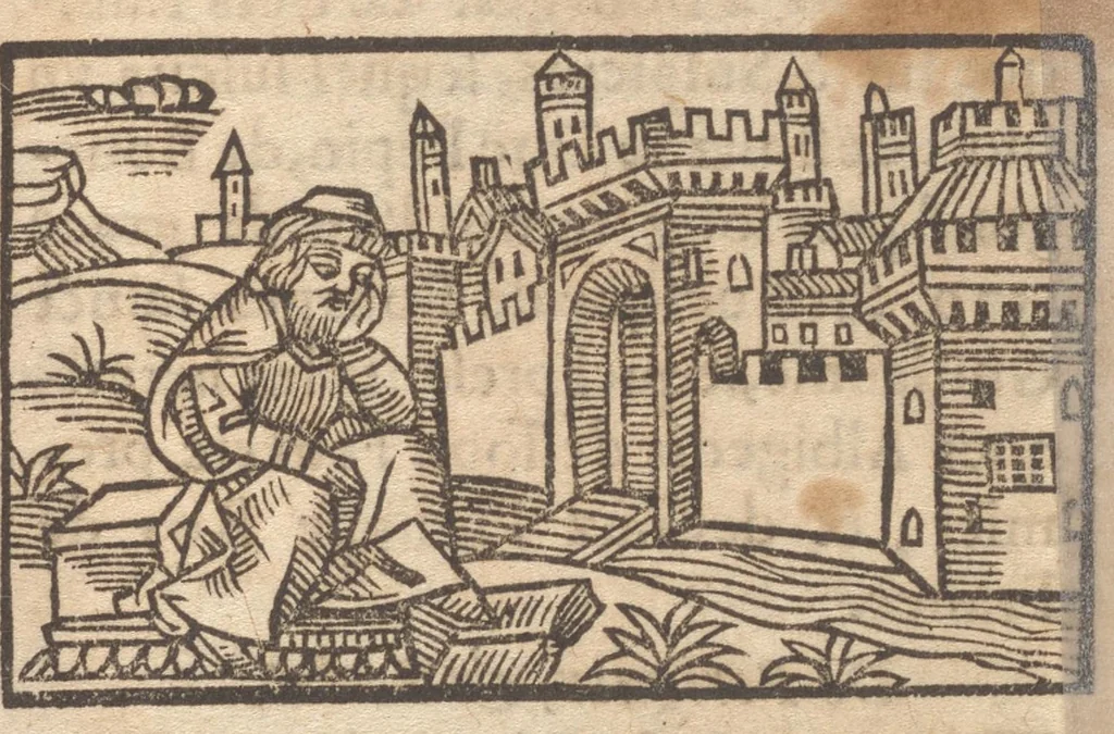 An illustration from Le catalogve des villes et citez assises es trois Gavles : auec le bastiment, erection, & fondation d'icelles : plus vn traicté de la proprieté des bains, fleuues, & fontaines admirables, 1575, leaf 170