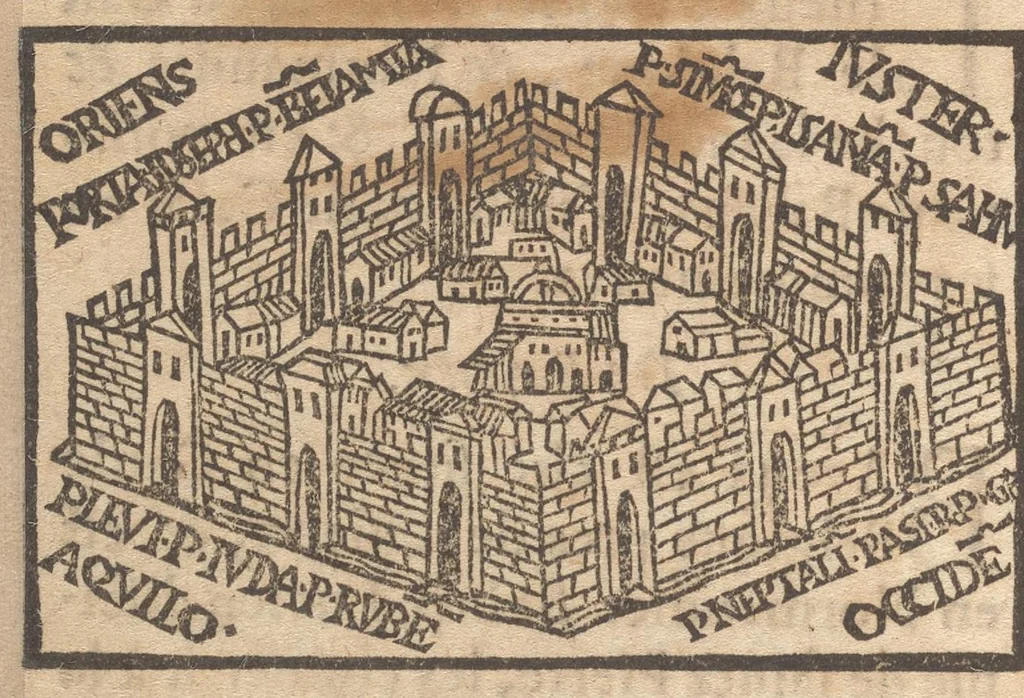 An illustration from Le catalogve des villes et citez assises es trois Gavles : auec le bastiment, erection, & fondation d'icelles : plus vn traicté de la proprieté des bains, fleuues, & fontaines admirables, 1575, leaf 177