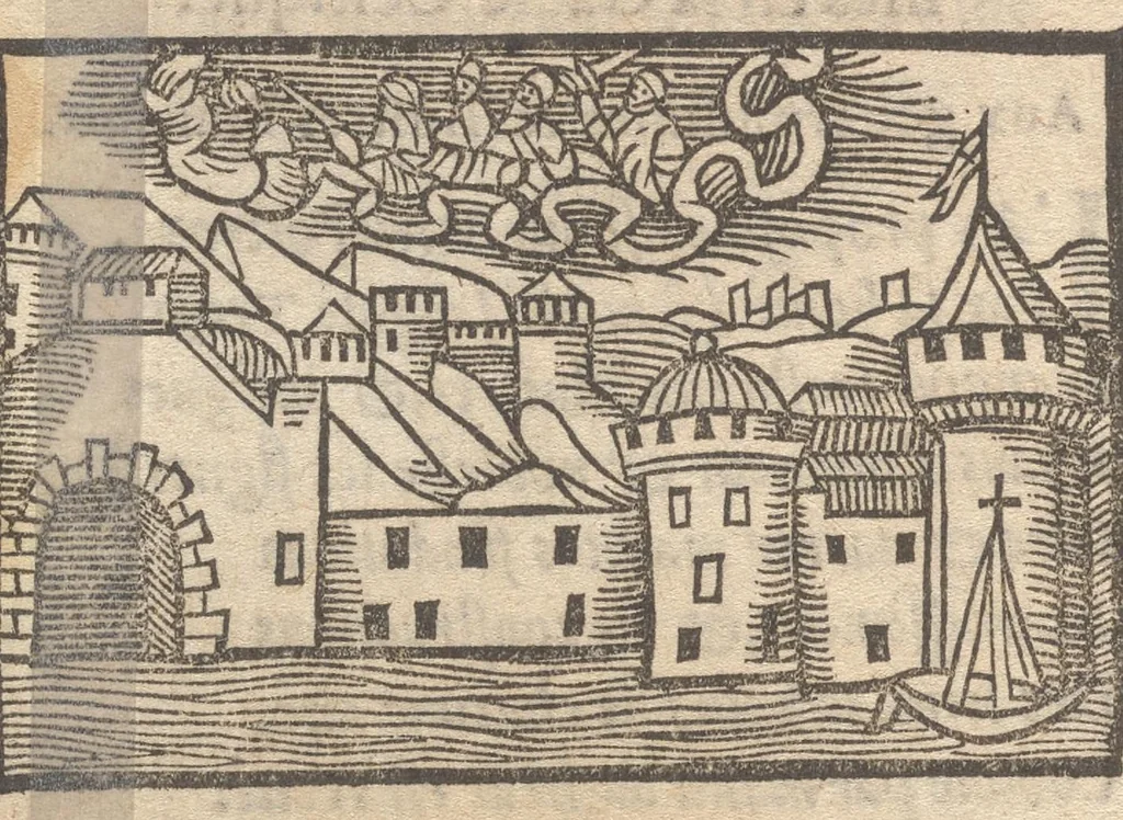 An illustration from Le catalogve des villes et citez assises es trois Gavles : auec le bastiment, erection, & fondation d'icelles : plus vn traicté de la proprieté des bains, fleuues, & fontaines admirables, 1575, leaf 23