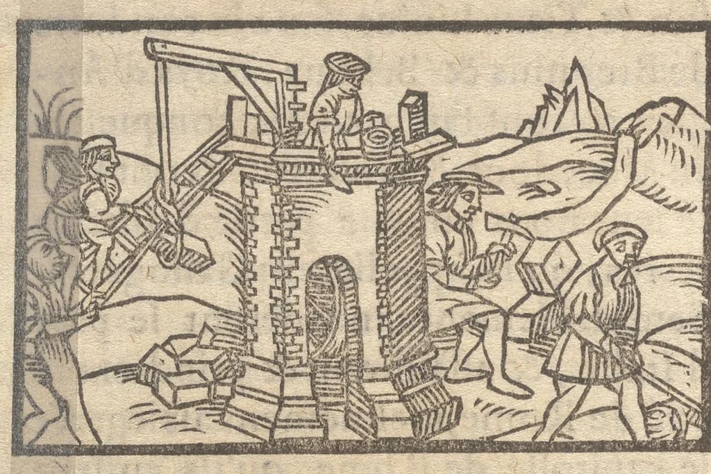 An illustration from Le catalogve des villes et citez assises es trois Gavles : auec le bastiment, erection, & fondation d'icelles : plus vn traicté de la proprieté des bains, fleuues, & fontaines admirables, 1575, leaf 27