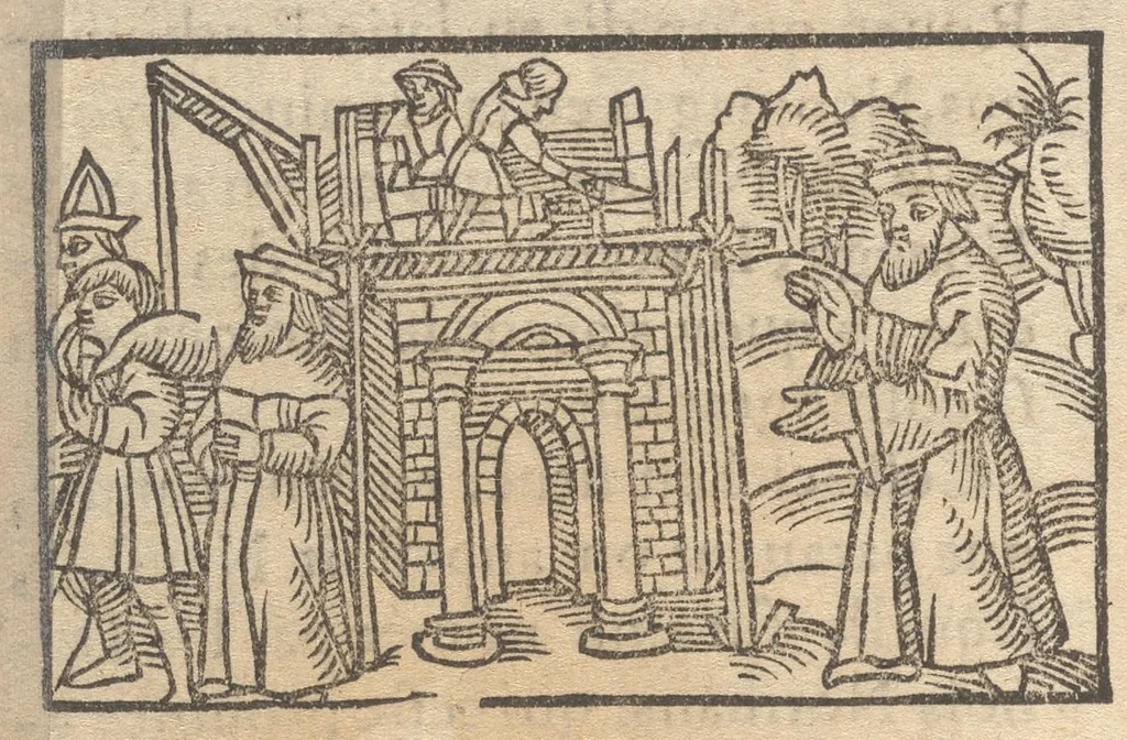 An illustration from Le catalogve des villes et citez assises es trois Gavles : auec le bastiment, erection, & fondation d'icelles : plus vn traicté de la proprieté des bains, fleuues, & fontaines admirables, 1575, leaf 35