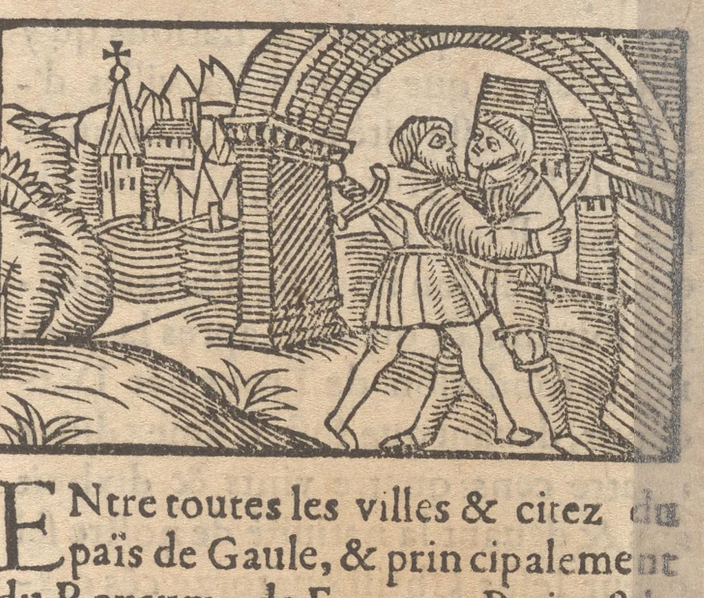 An illustration from Le catalogve des villes et citez assises es trois Gavles : auec le bastiment, erection, & fondation d'icelles : plus vn traicté de la proprieté des bains, fleuues, & fontaines admirables, 1575, leaf 50