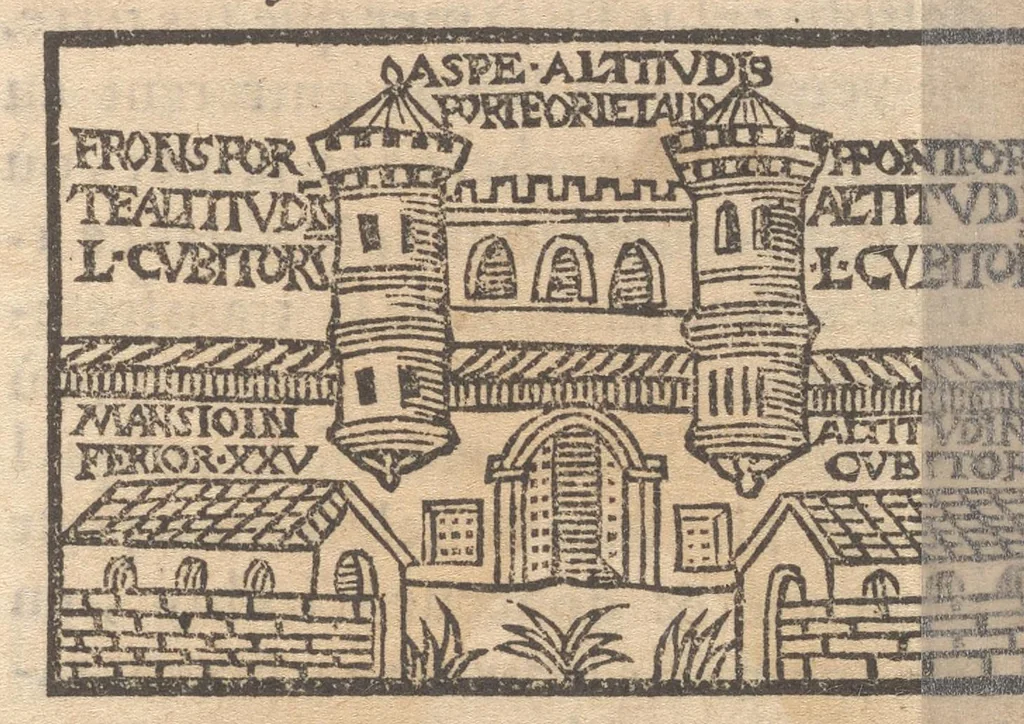 An illustration from Le catalogve des villes et citez assises es trois Gavles : auec le bastiment, erection, & fondation d'icelles : plus vn traicté de la proprieté des bains, fleuues, & fontaines admirables, 1575, leaf 54