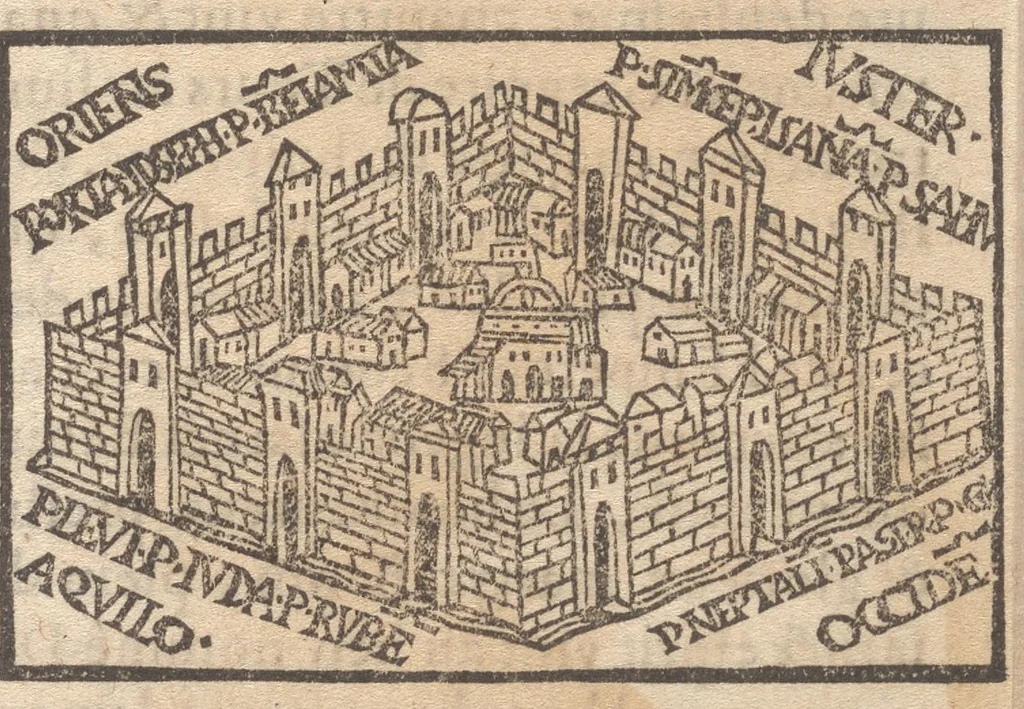 An illustration from Le catalogve des villes et citez assises es trois Gavles : auec le bastiment, erection, & fondation d'icelles : plus vn traicté de la proprieté des bains, fleuues, & fontaines admirables, 1575, leaf 60