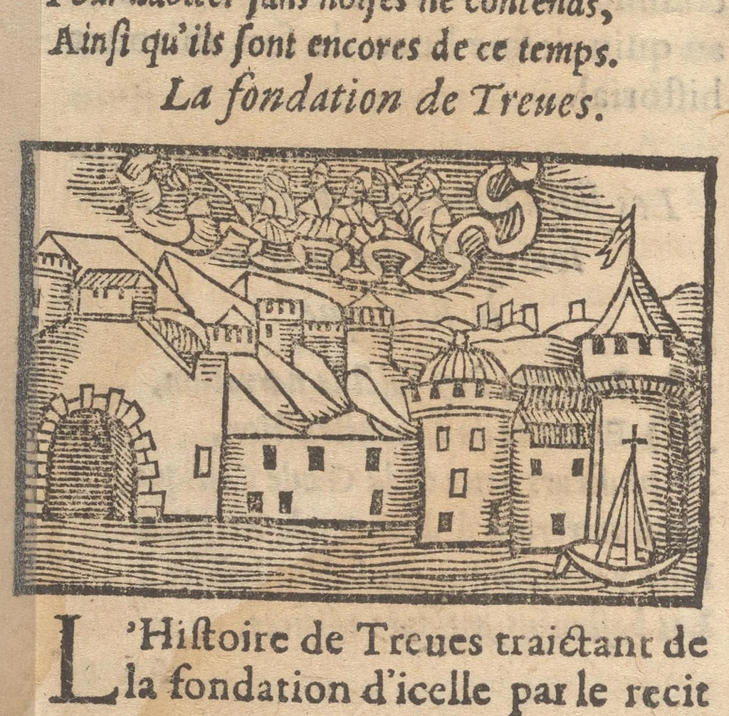 An illustration from Le catalogve des villes et citez assises es trois Gavles : auec le bastiment, erection, & fondation d'icelles : plus vn traicté de la proprieté des bains, fleuues, & fontaines admirables, 1575, leaf 65