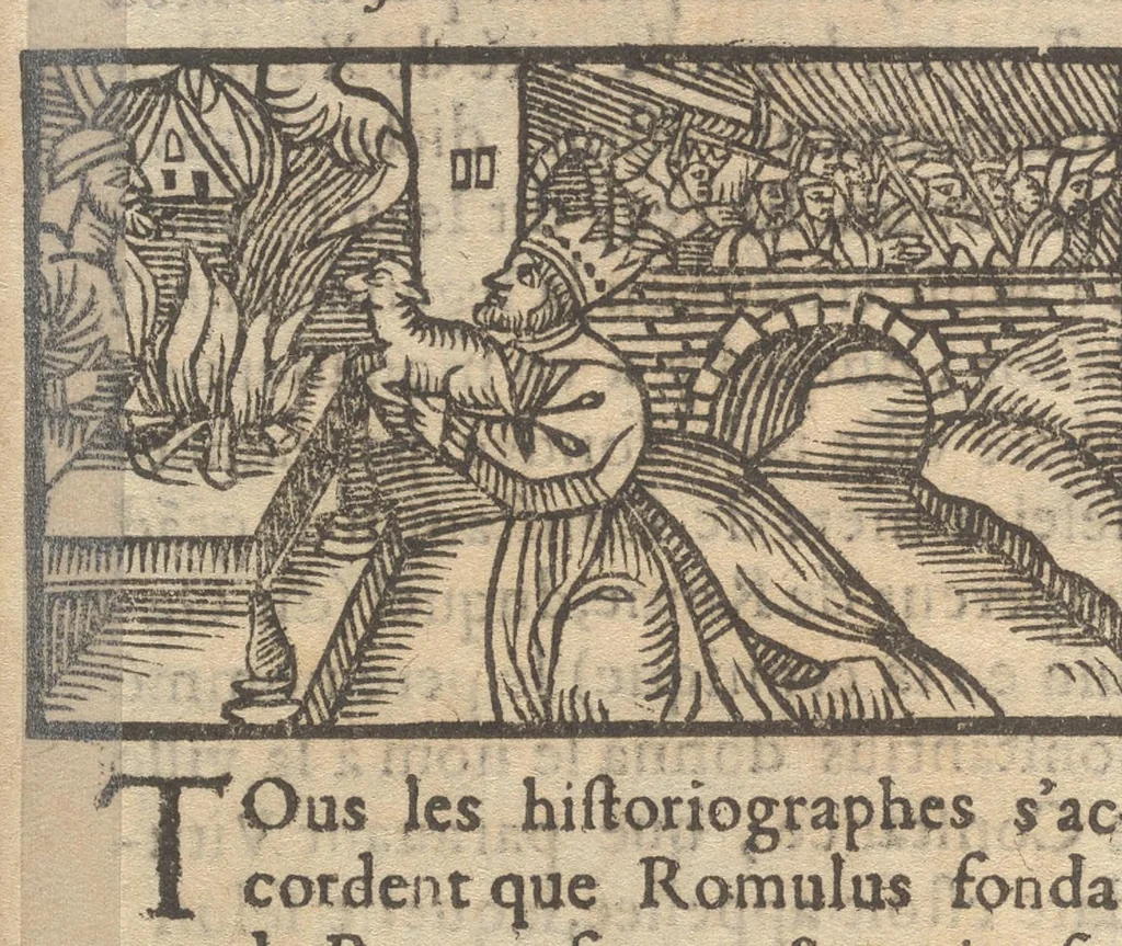 An illustration from Le catalogve des villes et citez assises es trois Gavles : auec le bastiment, erection, & fondation d'icelles : plus vn traicté de la proprieté des bains, fleuues, & fontaines admirables, 1575, leaf 83