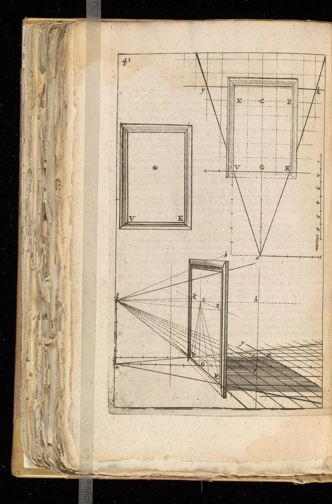 An illustration from Algemeene manier van de Hr. Desargues tot de practijck der perspectiven : gelijck tot die der meet-kunde, met de kleyne voet-maat, mitsgaders der plaatsen, en proportien van de stercke en flaauwe rakingen, of kleuren, 1664, leaf 179