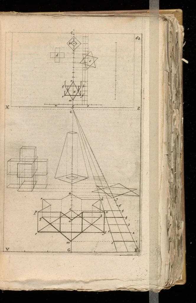 An illustration from Algemeene manier van de Hr. Desargues tot de practijck der perspectiven : gelijck tot die der meet-kunde, met de kleyne voet-maat, mitsgaders der plaatsen, en proportien van de stercke en flaauwe rakingen, of kleuren, 1664, leaf 240