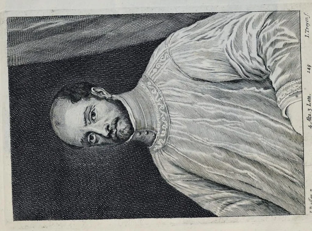 An illustration from Davidis Teniers Antverpiensis, pictoris, et a cubiculis ser.mis principibus Leopoldo Guil. archiduci et Ioanni Austriaco, Theatrum pictorium : in quo exhibentur ipsius manu delineatae, eiusque curâ in aes incisae picturae, archetipae italicae, quas ipse ser.mus archidux in pinacothecam suam Bruxellis collegit, 1673, leaf 296