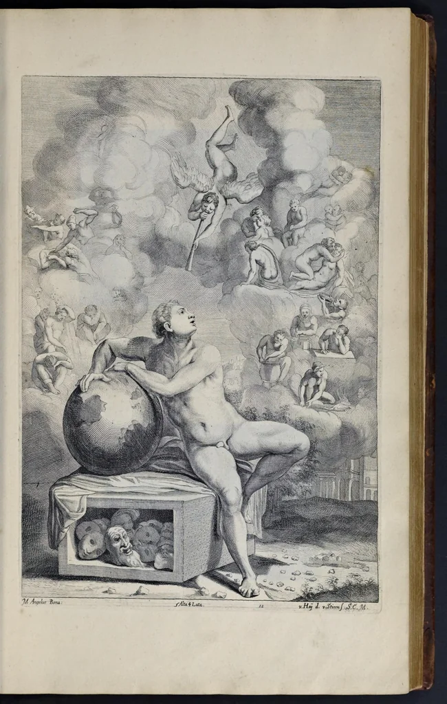 An illustration from Davidis Teniers Antverpiensis, pictoris, et a cubiculis ser.mis principibus Leopoldo Guil. archiduci et Ioanni Austriaco, Theatrum pictorium : in quo exhibentur ipsius manu delineatae, eiusque curâ in aes incisae picturae, archetipae italicae, quas ipse ser.mus archidux in pinacothecam suam Bruxellis collegit, 1673, leaf 36