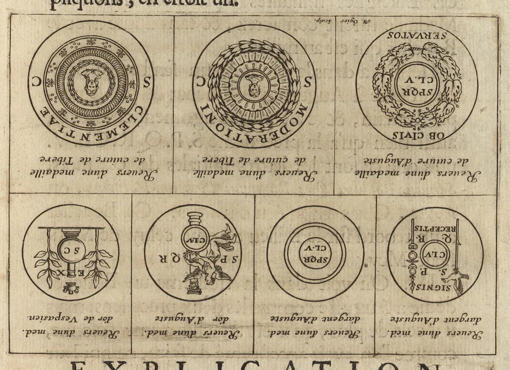An illustration from Recherches curieuses d'antiquité, contenues en plusieurs dissertations sur des medailles, bas-reliefs, statues, mosaiques, & inscriptions antiques : enrichies d'un grand nombre de figures en taille douce, 1683, leaf 34