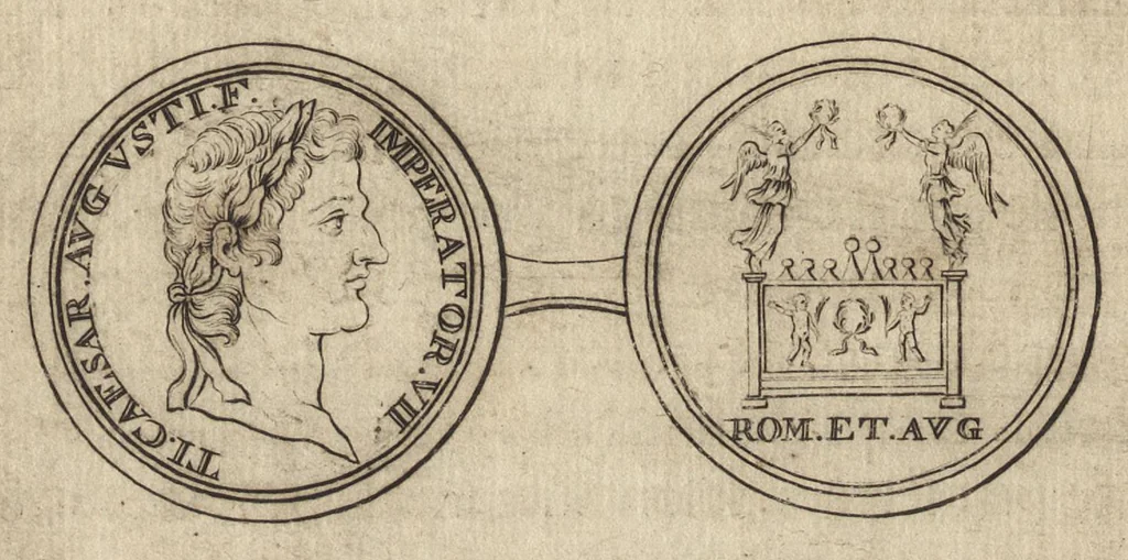 An illustration from Recherches curieuses d'antiquité, contenues en plusieurs dissertations sur des medailles, bas-reliefs, statues, mosaiques, & inscriptions antiques : enrichies d'un grand nombre de figures en taille douce, 1683, leaf 385
