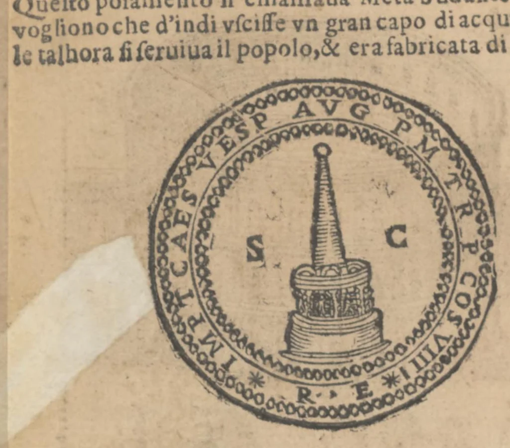 An illustration from Ritratto di Roma antica : nel quale sono figurati i principali tempij, teatri, anfiteatri, cerchi, naumachie, archi trionfali, curie, basiliche, colonne, ordine del trionfo, dignità militari, e ciuili, riti, cerimonie, & altre cose notabili : aggiuntoui di nuouo le vite, & effigie de' primi re di essa, e le grandezze dell'Imperio romano, 1645, leaf 179