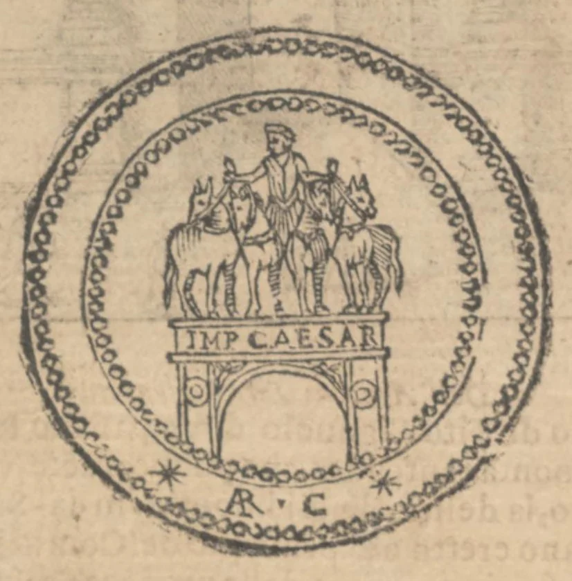 An illustration from Ritratto di Roma antica : nel quale sono figurati i principali tempij, teatri, anfiteatri, cerchi, naumachie, archi trionfali, curie, basiliche, colonne, ordine del trionfo, dignità militari, e ciuili, riti, cerimonie, & altre cose notabili : aggiuntoui di nuouo le vite, & effigie de' primi re di essa, e le grandezze dell'Imperio romano, 1645, leaf 189