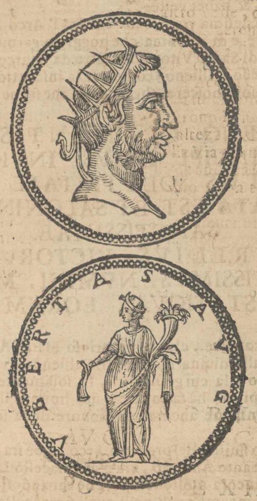 An illustration from Ritratto di Roma antica : nel quale sono figurati i principali tempij, teatri, anfiteatri, cerchi, naumachie, archi trionfali, curie, basiliche, colonne, ordine del trionfo, dignità militari, e ciuili, riti, cerimonie, & altre cose notabili : aggiuntoui di nuouo le vite, & effigie de' primi re di essa, e le grandezze dell'Imperio romano, 1645, leaf 200