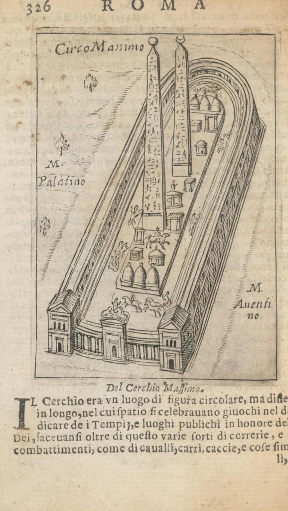 An illustration from Ritratto di Roma antica : nel quale sono figurati i principali tempij, teatri, anfiteatri, cerchi, naumachie, archi trionfali, curie, basiliche, colonne, ordine del trionfo, dignità militari, e ciuili, riti, cerimonie, & altre cose notabili : aggiuntoui di nuouo le vite, & effigie de' primi re di essa, e le grandezze dell'Imperio romano, 1645, leaf 345