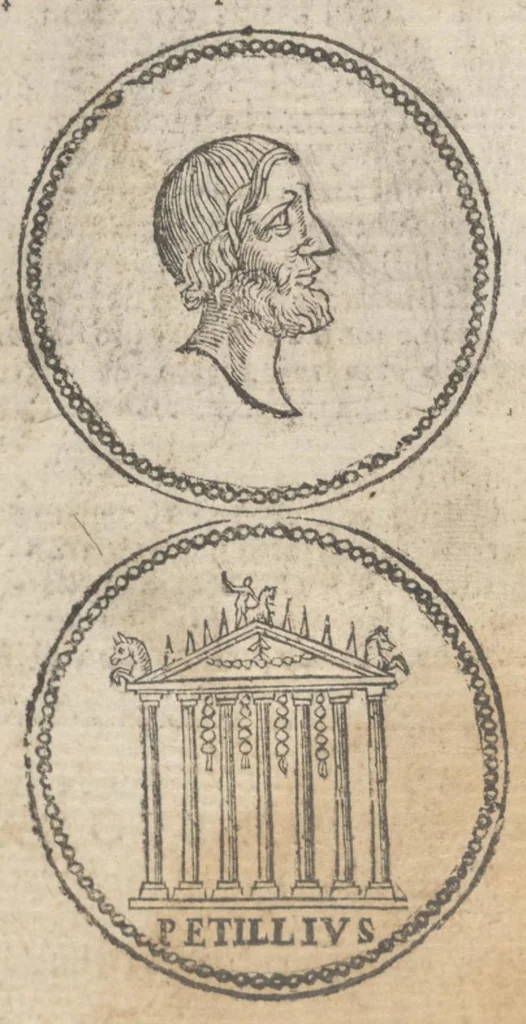 An illustration from Ritratto di Roma antica : nel quale sono figurati i principali tempij, teatri, anfiteatri, cerchi, naumachie, archi trionfali, curie, basiliche, colonne, ordine del trionfo, dignità militari, e ciuili, riti, cerimonie, & altre cose notabili : aggiuntoui di nuouo le vite, & effigie de' primi re di essa, e le grandezze dell'Imperio romano, 1645, leaf 49