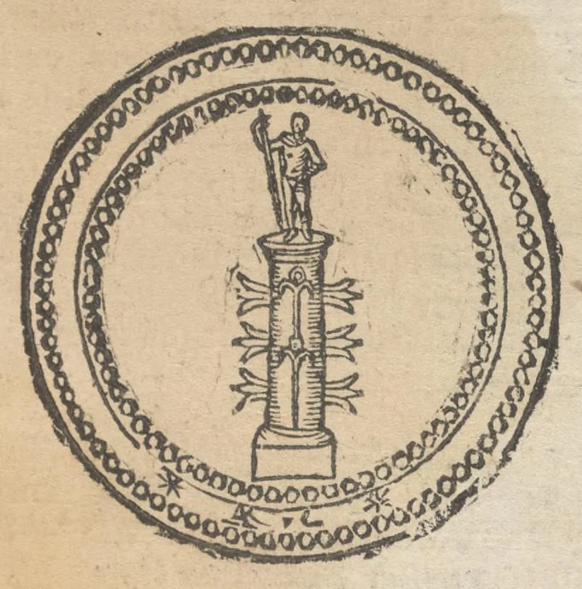 An illustration from Ritratto di Roma antica : nel quale sono figurati i principali tempij, teatri, anfiteatri, cerchi, naumachie, archi trionfali, curie, basiliche, colonne, ordine del trionfo, dignità militari, e ciuili, riti, cerimonie, & altre cose notabili : aggiuntoui di nuouo le vite, & effigie de' primi re di essa, e le grandezze dell'Imperio romano, 1645, leaf 90