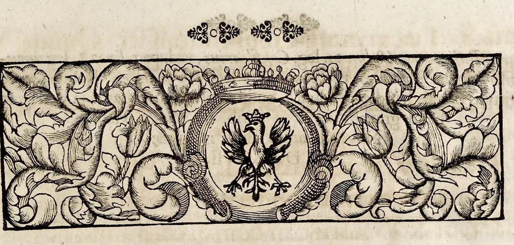 An illustration from Henrici Günteri Thülemarii ... Tractatio de Bulla Aurea, argentea, plumbea et cerea in genere, nec non in specie : de Aurea bulla Caroli IV imperatoris : Accedunt I. Textus Aureae bullae Caroli IV imper. anno 1356 Norimbergae & Metis sancitae ex autographo francofurtano fideliter descriptus. II. Copia MSti Aureae bullae Carolinae, quod in augustissima Bibliotheca vindobenensi invenitur ... III. & IV. Copiae duarum versionum germanicarum Aureae istius bullae, quae in dicta augustissima Bibliotheca caesarea & Curia francofurtana custodiuntur. V. Aurea bulla Andronici imperatoris constantinopolitani cum notis & addit. VI. Aurea bulla brabantina cum commentar. VII. Capitulatio Maximiliani II imperatoris ex originali, quod in serenissimi electoris palatini archivo adservatur, integra edita, 1697, leaf 12
