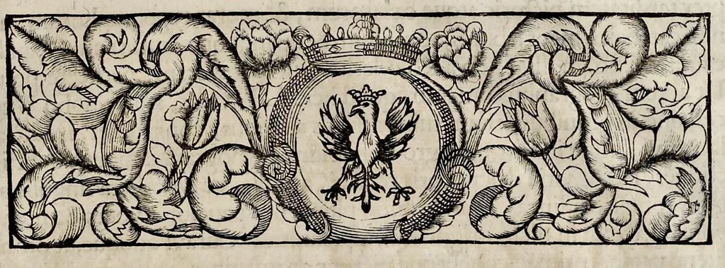 An illustration from Henrici Günteri Thülemarii ... Tractatio de Bulla Aurea, argentea, plumbea et cerea in genere, nec non in specie : de Aurea bulla Caroli IV imperatoris : Accedunt I. Textus Aureae bullae Caroli IV imper. anno 1356 Norimbergae & Metis sancitae ex autographo francofurtano fideliter descriptus. II. Copia MSti Aureae bullae Carolinae, quod in augustissima Bibliotheca vindobenensi invenitur ... III. & IV. Copiae duarum versionum germanicarum Aureae istius bullae, quae in dicta augustissima Bibliotheca caesarea & Curia francofurtana custodiuntur. V. Aurea bulla Andronici imperatoris constantinopolitani cum notis & addit. VI. Aurea bulla brabantina cum commentar. VII. Capitulatio Maximiliani II imperatoris ex originali, quod in serenissimi electoris palatini archivo adservatur, integra edita, 1697, leaf 132