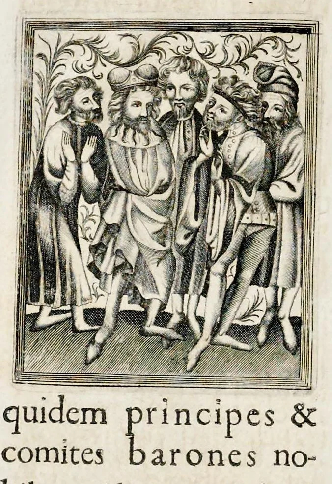 An illustration from Henrici Günteri Thülemarii ... Tractatio de Bulla Aurea, argentea, plumbea et cerea in genere, nec non in specie : de Aurea bulla Caroli IV imperatoris : Accedunt I. Textus Aureae bullae Caroli IV imper. anno 1356 Norimbergae & Metis sancitae ex autographo francofurtano fideliter descriptus. II. Copia MSti Aureae bullae Carolinae, quod in augustissima Bibliotheca vindobenensi invenitur ... III. & IV. Copiae duarum versionum germanicarum Aureae istius bullae, quae in dicta augustissima Bibliotheca caesarea & Curia francofurtana custodiuntur. V. Aurea bulla Andronici imperatoris constantinopolitani cum notis & addit. VI. Aurea bulla brabantina cum commentar. VII. Capitulatio Maximiliani II imperatoris ex originali, quod in serenissimi electoris palatini archivo adservatur, integra edita, 1697, leaf 145