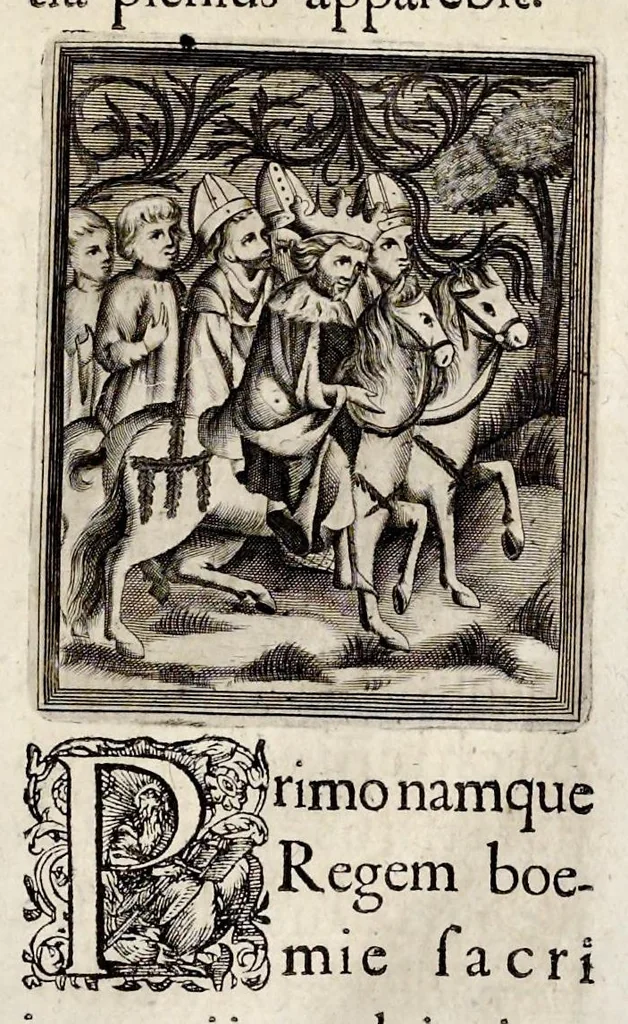 An illustration from Henrici Günteri Thülemarii ... Tractatio de Bulla Aurea, argentea, plumbea et cerea in genere, nec non in specie : de Aurea bulla Caroli IV imperatoris : Accedunt I. Textus Aureae bullae Caroli IV imper. anno 1356 Norimbergae & Metis sancitae ex autographo francofurtano fideliter descriptus. II. Copia MSti Aureae bullae Carolinae, quod in augustissima Bibliotheca vindobenensi invenitur ... III. & IV. Copiae duarum versionum germanicarum Aureae istius bullae, quae in dicta augustissima Bibliotheca caesarea & Curia francofurtana custodiuntur. V. Aurea bulla Andronici imperatoris constantinopolitani cum notis & addit. VI. Aurea bulla brabantina cum commentar. VII. Capitulatio Maximiliani II imperatoris ex originali, quod in serenissimi electoris palatini archivo adservatur, integra edita, 1697, leaf 150