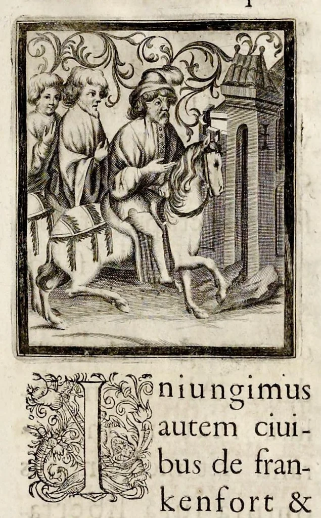 An illustration from Henrici Günteri Thülemarii ... Tractatio de Bulla Aurea, argentea, plumbea et cerea in genere, nec non in specie : de Aurea bulla Caroli IV imperatoris : Accedunt I. Textus Aureae bullae Caroli IV imper. anno 1356 Norimbergae & Metis sancitae ex autographo francofurtano fideliter descriptus. II. Copia MSti Aureae bullae Carolinae, quod in augustissima Bibliotheca vindobenensi invenitur ... III. & IV. Copiae duarum versionum germanicarum Aureae istius bullae, quae in dicta augustissima Bibliotheca caesarea & Curia francofurtana custodiuntur. V. Aurea bulla Andronici imperatoris constantinopolitani cum notis & addit. VI. Aurea bulla brabantina cum commentar. VII. Capitulatio Maximiliani II imperatoris ex originali, quod in serenissimi electoris palatini archivo adservatur, integra edita, 1697, leaf 156
