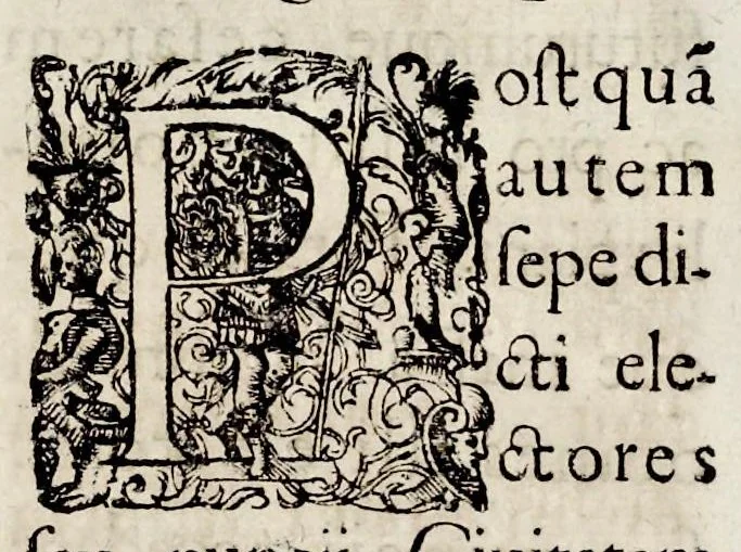 An illustration from Henrici Günteri Thülemarii ... Tractatio de Bulla Aurea, argentea, plumbea et cerea in genere, nec non in specie : de Aurea bulla Caroli IV imperatoris : Accedunt I. Textus Aureae bullae Caroli IV imper. anno 1356 Norimbergae & Metis sancitae ex autographo francofurtano fideliter descriptus. II. Copia MSti Aureae bullae Carolinae, quod in augustissima Bibliotheca vindobenensi invenitur ... III. & IV. Copiae duarum versionum germanicarum Aureae istius bullae, quae in dicta augustissima Bibliotheca caesarea & Curia francofurtana custodiuntur. V. Aurea bulla Andronici imperatoris constantinopolitani cum notis & addit. VI. Aurea bulla brabantina cum commentar. VII. Capitulatio Maximiliani II imperatoris ex originali, quod in serenissimi electoris palatini archivo adservatur, integra edita, 1697, leaf 158