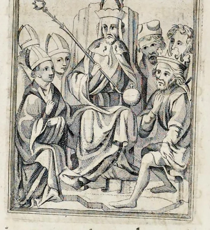 An illustration from Henrici Günteri Thülemarii ... Tractatio de Bulla Aurea, argentea, plumbea et cerea in genere, nec non in specie : de Aurea bulla Caroli IV imperatoris : Accedunt I. Textus Aureae bullae Caroli IV imper. anno 1356 Norimbergae & Metis sancitae ex autographo francofurtano fideliter descriptus. II. Copia MSti Aureae bullae Carolinae, quod in augustissima Bibliotheca vindobenensi invenitur ... III. & IV. Copiae duarum versionum germanicarum Aureae istius bullae, quae in dicta augustissima Bibliotheca caesarea & Curia francofurtana custodiuntur. V. Aurea bulla Andronici imperatoris constantinopolitani cum notis & addit. VI. Aurea bulla brabantina cum commentar. VII. Capitulatio Maximiliani II imperatoris ex originali, quod in serenissimi electoris palatini archivo adservatur, integra edita, 1697, leaf 167