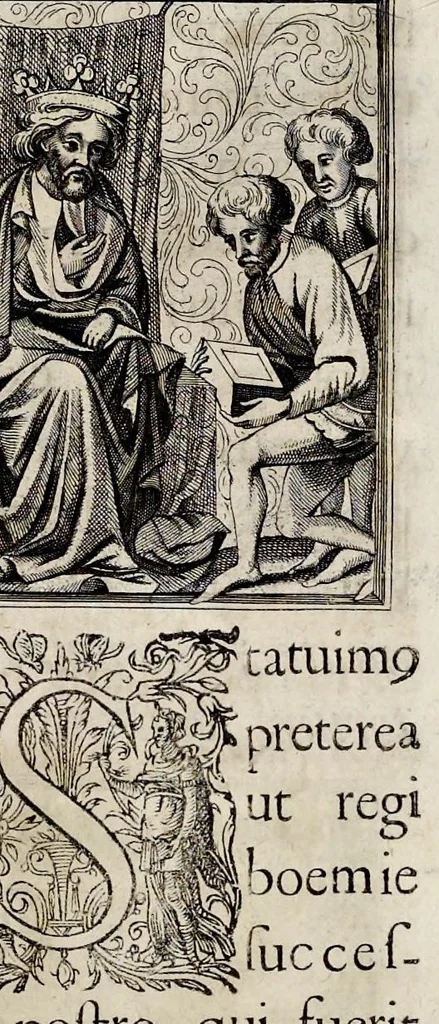 An illustration from Henrici Günteri Thülemarii ... Tractatio de Bulla Aurea, argentea, plumbea et cerea in genere, nec non in specie : de Aurea bulla Caroli IV imperatoris : Accedunt I. Textus Aureae bullae Caroli IV imper. anno 1356 Norimbergae & Metis sancitae ex autographo francofurtano fideliter descriptus. II. Copia MSti Aureae bullae Carolinae, quod in augustissima Bibliotheca vindobenensi invenitur ... III. & IV. Copiae duarum versionum germanicarum Aureae istius bullae, quae in dicta augustissima Bibliotheca caesarea & Curia francofurtana custodiuntur. V. Aurea bulla Andronici imperatoris constantinopolitani cum notis & addit. VI. Aurea bulla brabantina cum commentar. VII. Capitulatio Maximiliani II imperatoris ex originali, quod in serenissimi electoris palatini archivo adservatur, integra edita, 1697, leaf 180