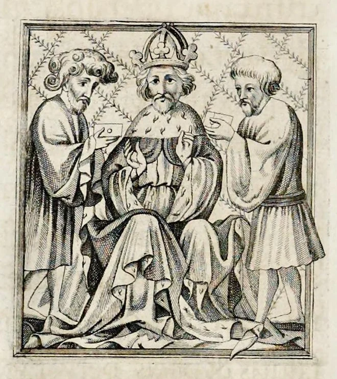 An illustration from Henrici Günteri Thülemarii ... Tractatio de Bulla Aurea, argentea, plumbea et cerea in genere, nec non in specie : de Aurea bulla Caroli IV imperatoris : Accedunt I. Textus Aureae bullae Caroli IV imper. anno 1356 Norimbergae & Metis sancitae ex autographo francofurtano fideliter descriptus. II. Copia MSti Aureae bullae Carolinae, quod in augustissima Bibliotheca vindobenensi invenitur ... III. & IV. Copiae duarum versionum germanicarum Aureae istius bullae, quae in dicta augustissima Bibliotheca caesarea & Curia francofurtana custodiuntur. V. Aurea bulla Andronici imperatoris constantinopolitani cum notis & addit. VI. Aurea bulla brabantina cum commentar. VII. Capitulatio Maximiliani II imperatoris ex originali, quod in serenissimi electoris palatini archivo adservatur, integra edita, 1697, leaf 187