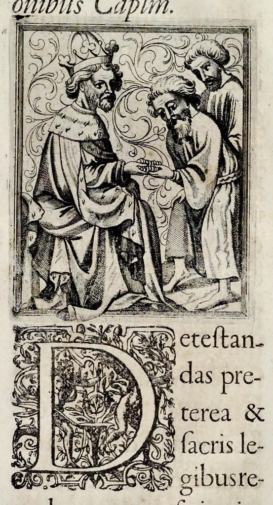An illustration from Henrici Günteri Thülemarii ... Tractatio de Bulla Aurea, argentea, plumbea et cerea in genere, nec non in specie : de Aurea bulla Caroli IV imperatoris : Accedunt I. Textus Aureae bullae Caroli IV imper. anno 1356 Norimbergae & Metis sancitae ex autographo francofurtano fideliter descriptus. II. Copia MSti Aureae bullae Carolinae, quod in augustissima Bibliotheca vindobenensi invenitur ... III. & IV. Copiae duarum versionum germanicarum Aureae istius bullae, quae in dicta augustissima Bibliotheca caesarea & Curia francofurtana custodiuntur. V. Aurea bulla Andronici imperatoris constantinopolitani cum notis & addit. VI. Aurea bulla brabantina cum commentar. VII. Capitulatio Maximiliani II imperatoris ex originali, quod in serenissimi electoris palatini archivo adservatur, integra edita, 1697, leaf 190