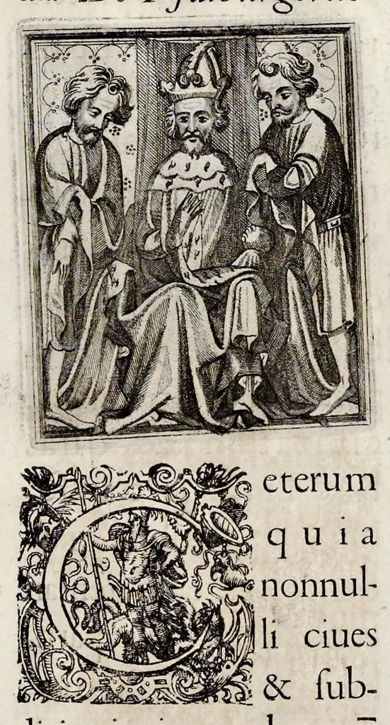 An illustration from Henrici Günteri Thülemarii ... Tractatio de Bulla Aurea, argentea, plumbea et cerea in genere, nec non in specie : de Aurea bulla Caroli IV imperatoris : Accedunt I. Textus Aureae bullae Caroli IV imper. anno 1356 Norimbergae & Metis sancitae ex autographo francofurtano fideliter descriptus. II. Copia MSti Aureae bullae Carolinae, quod in augustissima Bibliotheca vindobenensi invenitur ... III. & IV. Copiae duarum versionum germanicarum Aureae istius bullae, quae in dicta augustissima Bibliotheca caesarea & Curia francofurtana custodiuntur. V. Aurea bulla Andronici imperatoris constantinopolitani cum notis & addit. VI. Aurea bulla brabantina cum commentar. VII. Capitulatio Maximiliani II imperatoris ex originali, quod in serenissimi electoris palatini archivo adservatur, integra edita, 1697, leaf 192