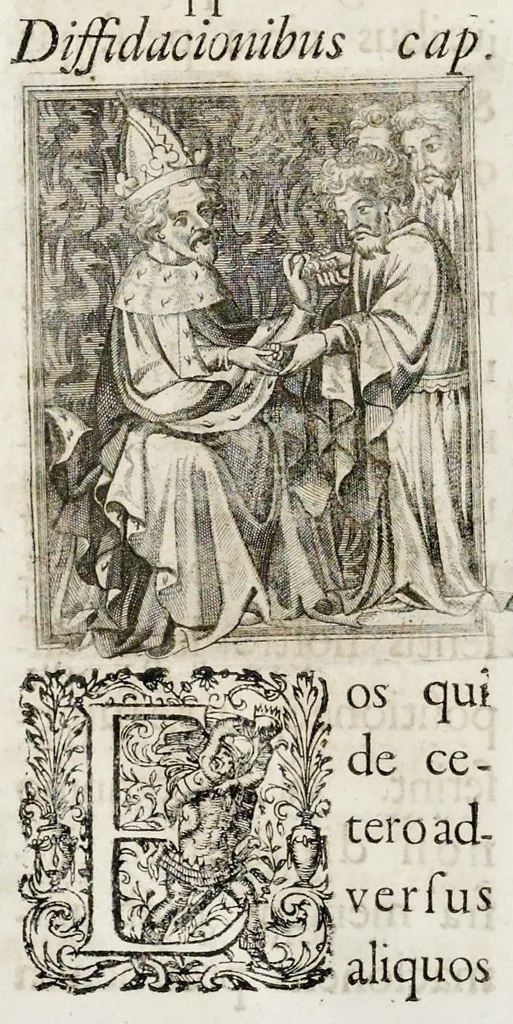 An illustration from Henrici Günteri Thülemarii ... Tractatio de Bulla Aurea, argentea, plumbea et cerea in genere, nec non in specie : de Aurea bulla Caroli IV imperatoris : Accedunt I. Textus Aureae bullae Caroli IV imper. anno 1356 Norimbergae & Metis sancitae ex autographo francofurtano fideliter descriptus. II. Copia MSti Aureae bullae Carolinae, quod in augustissima Bibliotheca vindobenensi invenitur ... III. & IV. Copiae duarum versionum germanicarum Aureae istius bullae, quae in dicta augustissima Bibliotheca caesarea & Curia francofurtana custodiuntur. V. Aurea bulla Andronici imperatoris constantinopolitani cum notis & addit. VI. Aurea bulla brabantina cum commentar. VII. Capitulatio Maximiliani II imperatoris ex originali, quod in serenissimi electoris palatini archivo adservatur, integra edita, 1697, leaf 195