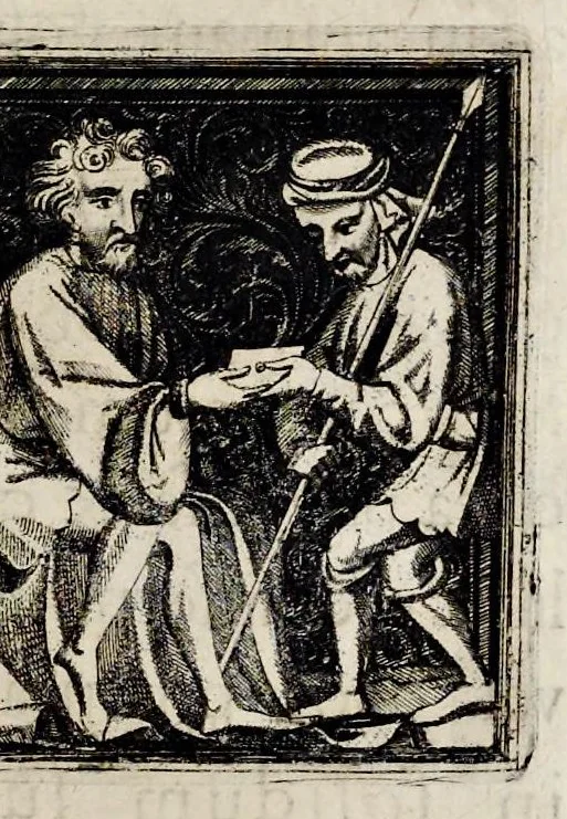 An illustration from Henrici Günteri Thülemarii ... Tractatio de Bulla Aurea, argentea, plumbea et cerea in genere, nec non in specie : de Aurea bulla Caroli IV imperatoris : Accedunt I. Textus Aureae bullae Caroli IV imper. anno 1356 Norimbergae & Metis sancitae ex autographo francofurtano fideliter descriptus. II. Copia MSti Aureae bullae Carolinae, quod in augustissima Bibliotheca vindobenensi invenitur ... III. & IV. Copiae duarum versionum germanicarum Aureae istius bullae, quae in dicta augustissima Bibliotheca caesarea & Curia francofurtana custodiuntur. V. Aurea bulla Andronici imperatoris constantinopolitani cum notis & addit. VI. Aurea bulla brabantina cum commentar. VII. Capitulatio Maximiliani II imperatoris ex originali, quod in serenissimi electoris palatini archivo adservatur, integra edita, 1697, leaf 198