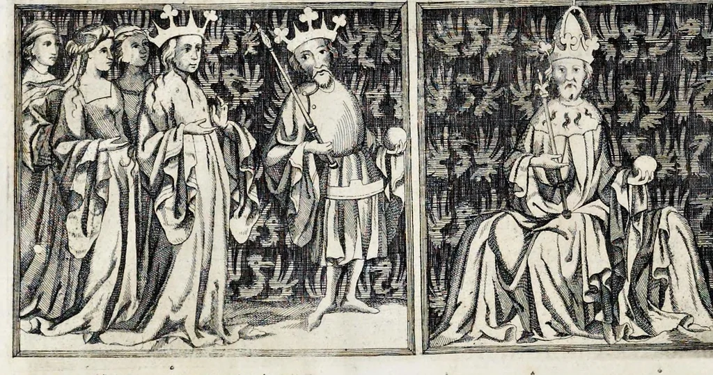 An illustration from Henrici Günteri Thülemarii ... Tractatio de Bulla Aurea, argentea, plumbea et cerea in genere, nec non in specie : de Aurea bulla Caroli IV imperatoris : Accedunt I. Textus Aureae bullae Caroli IV imper. anno 1356 Norimbergae & Metis sancitae ex autographo francofurtano fideliter descriptus. II. Copia MSti Aureae bullae Carolinae, quod in augustissima Bibliotheca vindobenensi invenitur ... III. & IV. Copiae duarum versionum germanicarum Aureae istius bullae, quae in dicta augustissima Bibliotheca caesarea & Curia francofurtana custodiuntur. V. Aurea bulla Andronici imperatoris constantinopolitani cum notis & addit. VI. Aurea bulla brabantina cum commentar. VII. Capitulatio Maximiliani II imperatoris ex originali, quod in serenissimi electoris palatini archivo adservatur, integra edita, 1697, leaf 203