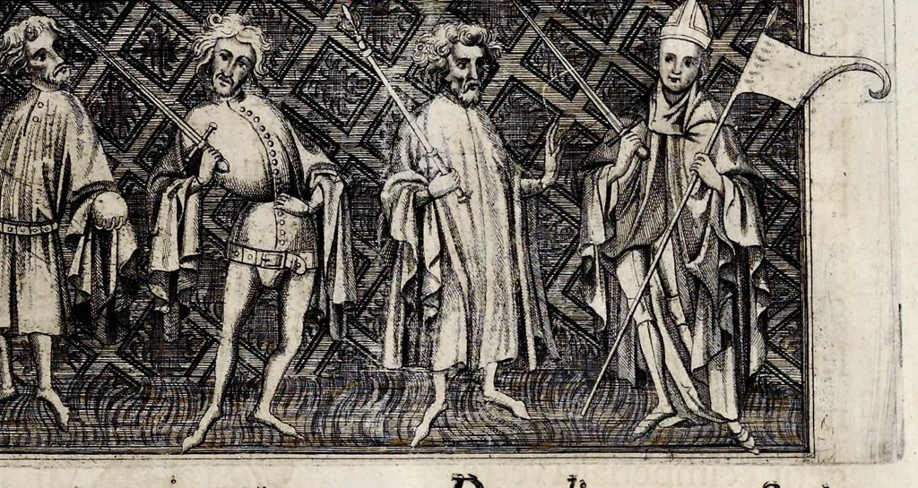 An illustration from Henrici Günteri Thülemarii ... Tractatio de Bulla Aurea, argentea, plumbea et cerea in genere, nec non in specie : de Aurea bulla Caroli IV imperatoris : Accedunt I. Textus Aureae bullae Caroli IV imper. anno 1356 Norimbergae & Metis sancitae ex autographo francofurtano fideliter descriptus. II. Copia MSti Aureae bullae Carolinae, quod in augustissima Bibliotheca vindobenensi invenitur ... III. & IV. Copiae duarum versionum germanicarum Aureae istius bullae, quae in dicta augustissima Bibliotheca caesarea & Curia francofurtana custodiuntur. V. Aurea bulla Andronici imperatoris constantinopolitani cum notis & addit. VI. Aurea bulla brabantina cum commentar. VII. Capitulatio Maximiliani II imperatoris ex originali, quod in serenissimi electoris palatini archivo adservatur, integra edita, 1697, leaf 204