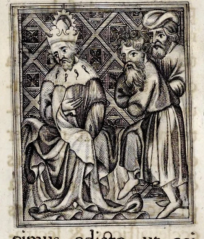 An illustration from Henrici Günteri Thülemarii ... Tractatio de Bulla Aurea, argentea, plumbea et cerea in genere, nec non in specie : de Aurea bulla Caroli IV imperatoris : Accedunt I. Textus Aureae bullae Caroli IV imper. anno 1356 Norimbergae & Metis sancitae ex autographo francofurtano fideliter descriptus. II. Copia MSti Aureae bullae Carolinae, quod in augustissima Bibliotheca vindobenensi invenitur ... III. & IV. Copiae duarum versionum germanicarum Aureae istius bullae, quae in dicta augustissima Bibliotheca caesarea & Curia francofurtana custodiuntur. V. Aurea bulla Andronici imperatoris constantinopolitani cum notis & addit. VI. Aurea bulla brabantina cum commentar. VII. Capitulatio Maximiliani II imperatoris ex originali, quod in serenissimi electoris palatini archivo adservatur, integra edita, 1697, leaf 210