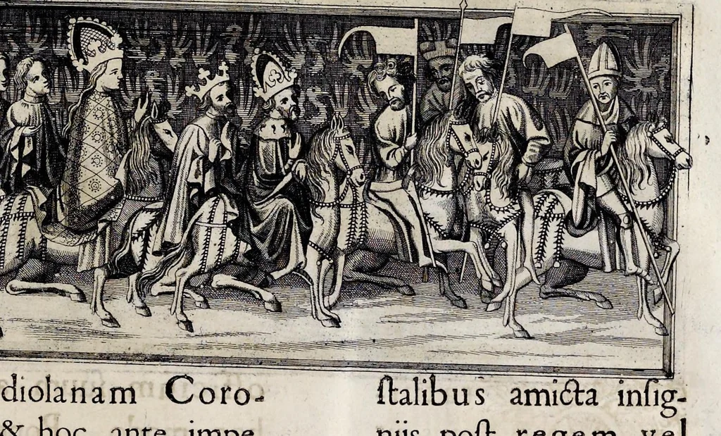An illustration from Henrici Günteri Thülemarii ... Tractatio de Bulla Aurea, argentea, plumbea et cerea in genere, nec non in specie : de Aurea bulla Caroli IV imperatoris : Accedunt I. Textus Aureae bullae Caroli IV imper. anno 1356 Norimbergae & Metis sancitae ex autographo francofurtano fideliter descriptus. II. Copia MSti Aureae bullae Carolinae, quod in augustissima Bibliotheca vindobenensi invenitur ... III. & IV. Copiae duarum versionum germanicarum Aureae istius bullae, quae in dicta augustissima Bibliotheca caesarea & Curia francofurtana custodiuntur. V. Aurea bulla Andronici imperatoris constantinopolitani cum notis & addit. VI. Aurea bulla brabantina cum commentar. VII. Capitulatio Maximiliani II imperatoris ex originali, quod in serenissimi electoris palatini archivo adservatur, integra edita, 1697, leaf 214