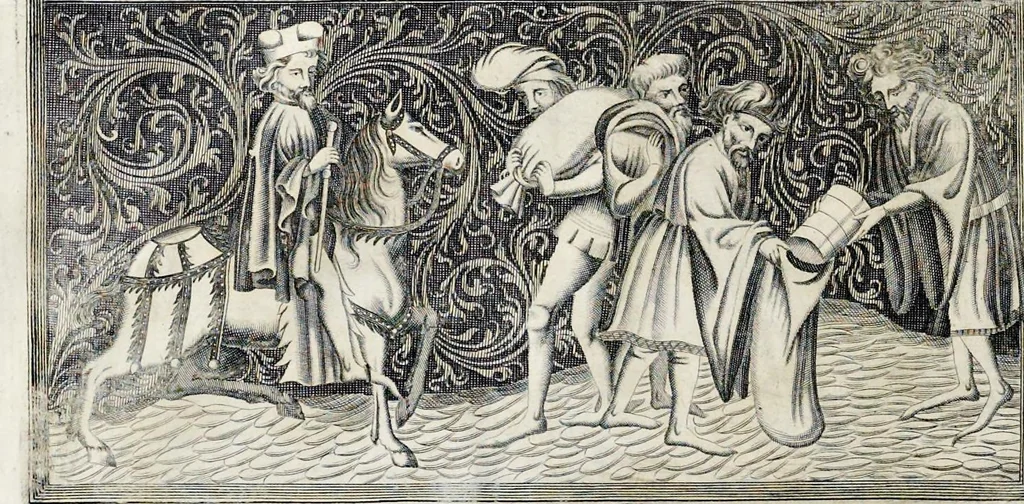 An illustration from Henrici Günteri Thülemarii ... Tractatio de Bulla Aurea, argentea, plumbea et cerea in genere, nec non in specie : de Aurea bulla Caroli IV imperatoris : Accedunt I. Textus Aureae bullae Caroli IV imper. anno 1356 Norimbergae & Metis sancitae ex autographo francofurtano fideliter descriptus. II. Copia MSti Aureae bullae Carolinae, quod in augustissima Bibliotheca vindobenensi invenitur ... III. & IV. Copiae duarum versionum germanicarum Aureae istius bullae, quae in dicta augustissima Bibliotheca caesarea & Curia francofurtana custodiuntur. V. Aurea bulla Andronici imperatoris constantinopolitani cum notis & addit. VI. Aurea bulla brabantina cum commentar. VII. Capitulatio Maximiliani II imperatoris ex originali, quod in serenissimi electoris palatini archivo adservatur, integra edita, 1697, leaf 215