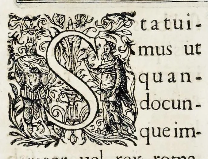 An illustration from Henrici Günteri Thülemarii ... Tractatio de Bulla Aurea, argentea, plumbea et cerea in genere, nec non in specie : de Aurea bulla Caroli IV imperatoris : Accedunt I. Textus Aureae bullae Caroli IV imper. anno 1356 Norimbergae & Metis sancitae ex autographo francofurtano fideliter descriptus. II. Copia MSti Aureae bullae Carolinae, quod in augustissima Bibliotheca vindobenensi invenitur ... III. & IV. Copiae duarum versionum germanicarum Aureae istius bullae, quae in dicta augustissima Bibliotheca caesarea & Curia francofurtana custodiuntur. V. Aurea bulla Andronici imperatoris constantinopolitani cum notis & addit. VI. Aurea bulla brabantina cum commentar. VII. Capitulatio Maximiliani II imperatoris ex originali, quod in serenissimi electoris palatini archivo adservatur, integra edita, 1697, leaf 215