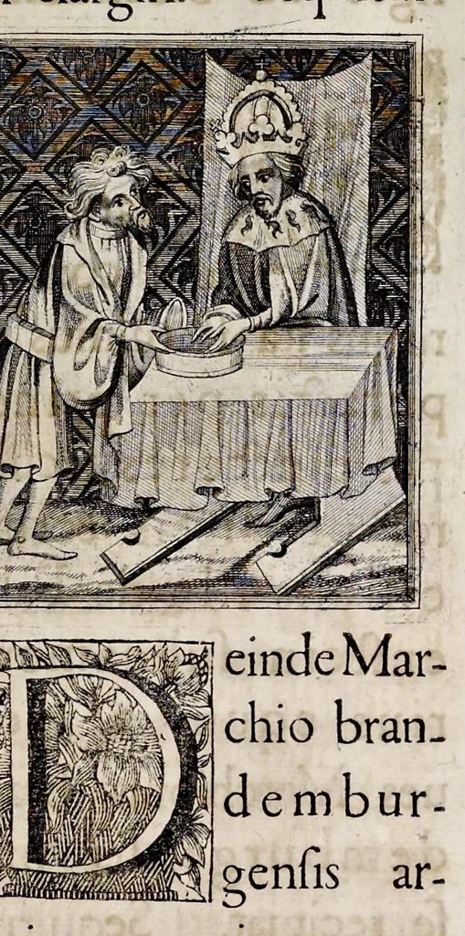 An illustration from Henrici Günteri Thülemarii ... Tractatio de Bulla Aurea, argentea, plumbea et cerea in genere, nec non in specie : de Aurea bulla Caroli IV imperatoris : Accedunt I. Textus Aureae bullae Caroli IV imper. anno 1356 Norimbergae & Metis sancitae ex autographo francofurtano fideliter descriptus. II. Copia MSti Aureae bullae Carolinae, quod in augustissima Bibliotheca vindobenensi invenitur ... III. & IV. Copiae duarum versionum germanicarum Aureae istius bullae, quae in dicta augustissima Bibliotheca caesarea & Curia francofurtana custodiuntur. V. Aurea bulla Andronici imperatoris constantinopolitani cum notis & addit. VI. Aurea bulla brabantina cum commentar. VII. Capitulatio Maximiliani II imperatoris ex originali, quod in serenissimi electoris palatini archivo adservatur, integra edita, 1697, leaf 218