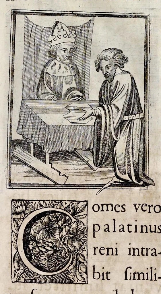 An illustration from Henrici Günteri Thülemarii ... Tractatio de Bulla Aurea, argentea, plumbea et cerea in genere, nec non in specie : de Aurea bulla Caroli IV imperatoris : Accedunt I. Textus Aureae bullae Caroli IV imper. anno 1356 Norimbergae & Metis sancitae ex autographo francofurtano fideliter descriptus. II. Copia MSti Aureae bullae Carolinae, quod in augustissima Bibliotheca vindobenensi invenitur ... III. & IV. Copiae duarum versionum germanicarum Aureae istius bullae, quae in dicta augustissima Bibliotheca caesarea & Curia francofurtana custodiuntur. V. Aurea bulla Andronici imperatoris constantinopolitani cum notis & addit. VI. Aurea bulla brabantina cum commentar. VII. Capitulatio Maximiliani II imperatoris ex originali, quod in serenissimi electoris palatini archivo adservatur, integra edita, 1697, leaf 218