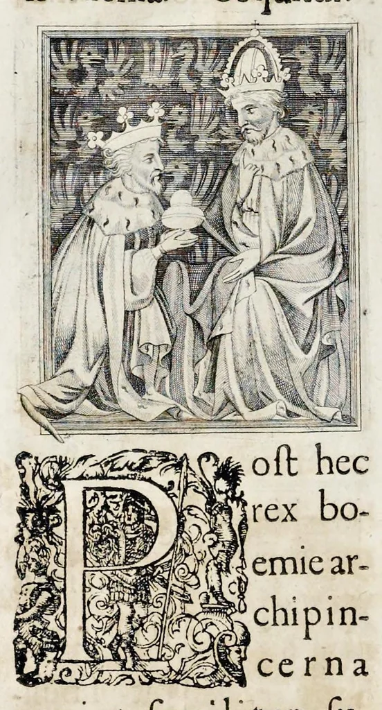 An illustration from Henrici Günteri Thülemarii ... Tractatio de Bulla Aurea, argentea, plumbea et cerea in genere, nec non in specie : de Aurea bulla Caroli IV imperatoris : Accedunt I. Textus Aureae bullae Caroli IV imper. anno 1356 Norimbergae & Metis sancitae ex autographo francofurtano fideliter descriptus. II. Copia MSti Aureae bullae Carolinae, quod in augustissima Bibliotheca vindobenensi invenitur ... III. & IV. Copiae duarum versionum germanicarum Aureae istius bullae, quae in dicta augustissima Bibliotheca caesarea & Curia francofurtana custodiuntur. V. Aurea bulla Andronici imperatoris constantinopolitani cum notis & addit. VI. Aurea bulla brabantina cum commentar. VII. Capitulatio Maximiliani II imperatoris ex originali, quod in serenissimi electoris palatini archivo adservatur, integra edita, 1697, leaf 219