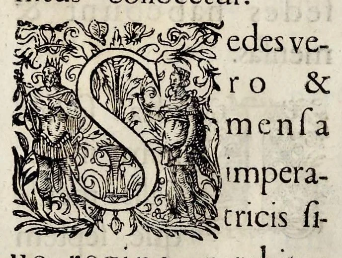 An illustration from Henrici Günteri Thülemarii ... Tractatio de Bulla Aurea, argentea, plumbea et cerea in genere, nec non in specie : de Aurea bulla Caroli IV imperatoris : Accedunt I. Textus Aureae bullae Caroli IV imper. anno 1356 Norimbergae & Metis sancitae ex autographo francofurtano fideliter descriptus. II. Copia MSti Aureae bullae Carolinae, quod in augustissima Bibliotheca vindobenensi invenitur ... III. & IV. Copiae duarum versionum germanicarum Aureae istius bullae, quae in dicta augustissima Bibliotheca caesarea & Curia francofurtana custodiuntur. V. Aurea bulla Andronici imperatoris constantinopolitani cum notis & addit. VI. Aurea bulla brabantina cum commentar. VII. Capitulatio Maximiliani II imperatoris ex originali, quod in serenissimi electoris palatini archivo adservatur, integra edita, 1697, leaf 220