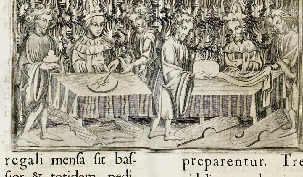 An illustration from Henrici Günteri Thülemarii ... Tractatio de Bulla Aurea, argentea, plumbea et cerea in genere, nec non in specie : de Aurea bulla Caroli IV imperatoris : Accedunt I. Textus Aureae bullae Caroli IV imper. anno 1356 Norimbergae & Metis sancitae ex autographo francofurtano fideliter descriptus. II. Copia MSti Aureae bullae Carolinae, quod in augustissima Bibliotheca vindobenensi invenitur ... III. & IV. Copiae duarum versionum germanicarum Aureae istius bullae, quae in dicta augustissima Bibliotheca caesarea & Curia francofurtana custodiuntur. V. Aurea bulla Andronici imperatoris constantinopolitani cum notis & addit. VI. Aurea bulla brabantina cum commentar. VII. Capitulatio Maximiliani II imperatoris ex originali, quod in serenissimi electoris palatini archivo adservatur, integra edita, 1697, leaf 221