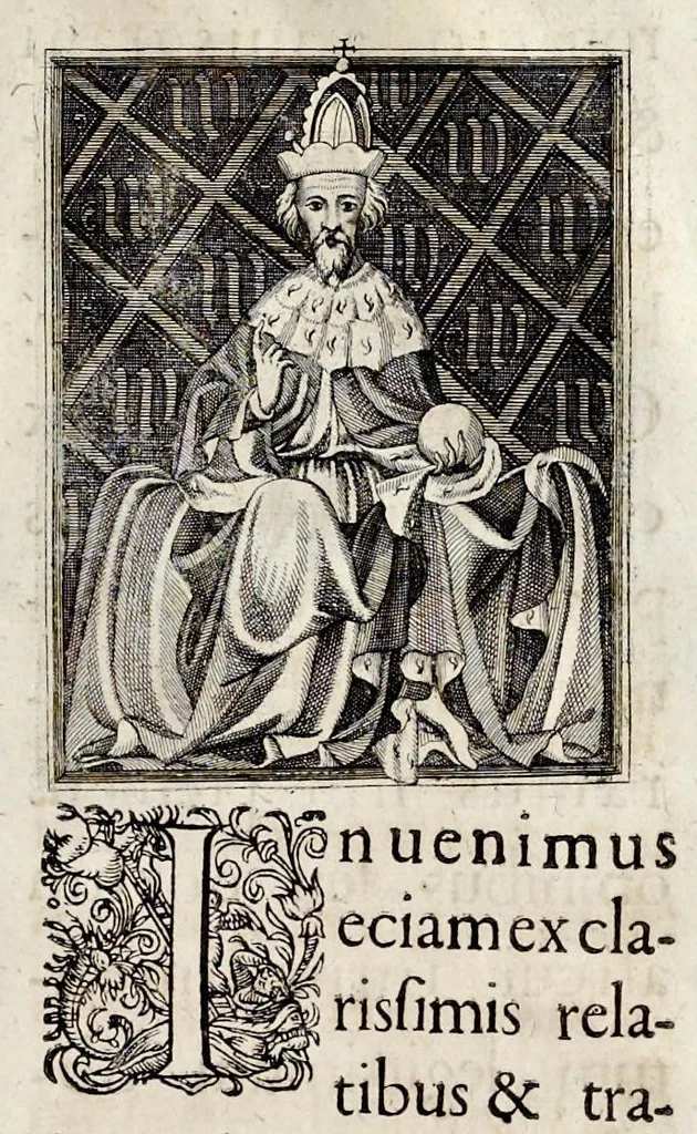 An illustration from Henrici Günteri Thülemarii ... Tractatio de Bulla Aurea, argentea, plumbea et cerea in genere, nec non in specie : de Aurea bulla Caroli IV imperatoris : Accedunt I. Textus Aureae bullae Caroli IV imper. anno 1356 Norimbergae & Metis sancitae ex autographo francofurtano fideliter descriptus. II. Copia MSti Aureae bullae Carolinae, quod in augustissima Bibliotheca vindobenensi invenitur ... III. & IV. Copiae duarum versionum germanicarum Aureae istius bullae, quae in dicta augustissima Bibliotheca caesarea & Curia francofurtana custodiuntur. V. Aurea bulla Andronici imperatoris constantinopolitani cum notis & addit. VI. Aurea bulla brabantina cum commentar. VII. Capitulatio Maximiliani II imperatoris ex originali, quod in serenissimi electoris palatini archivo adservatur, integra edita, 1697, leaf 222